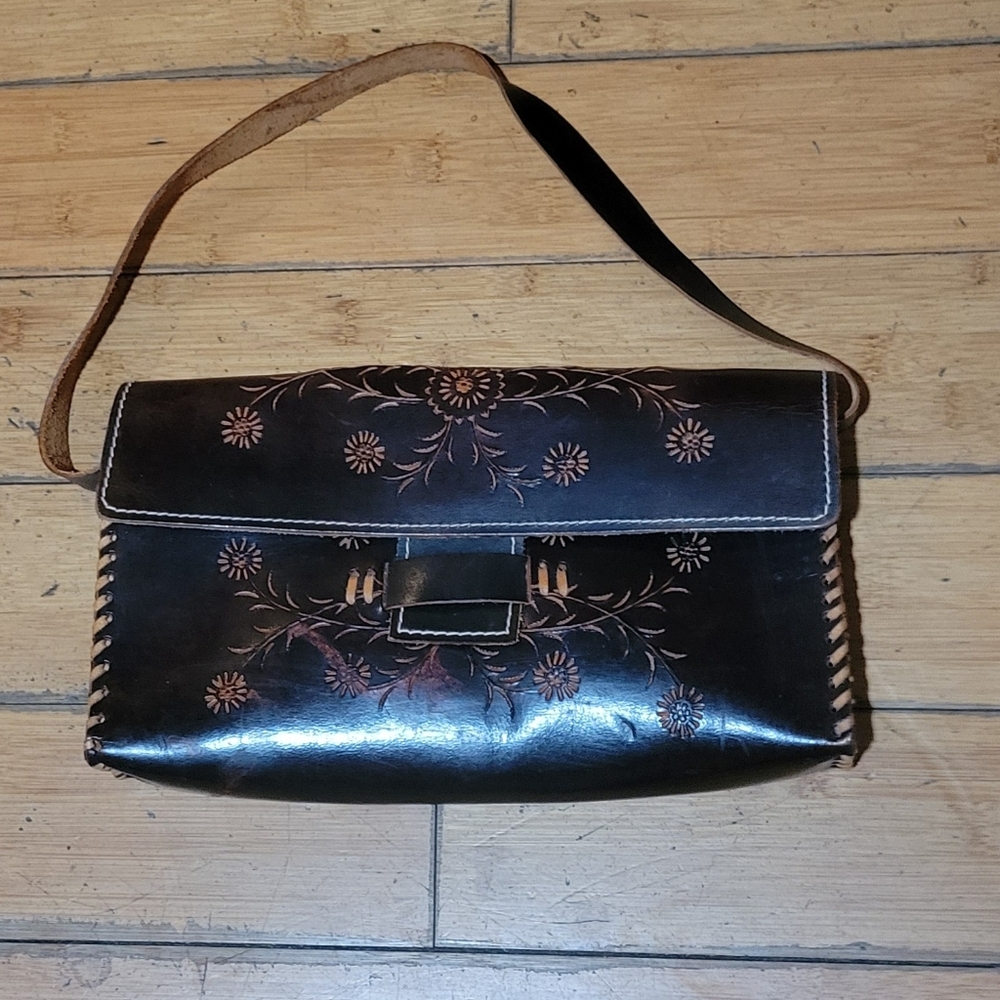 WABAGS TOOLED BROWN LEATHER CLUTCH/SHOULDER HANDBAG
